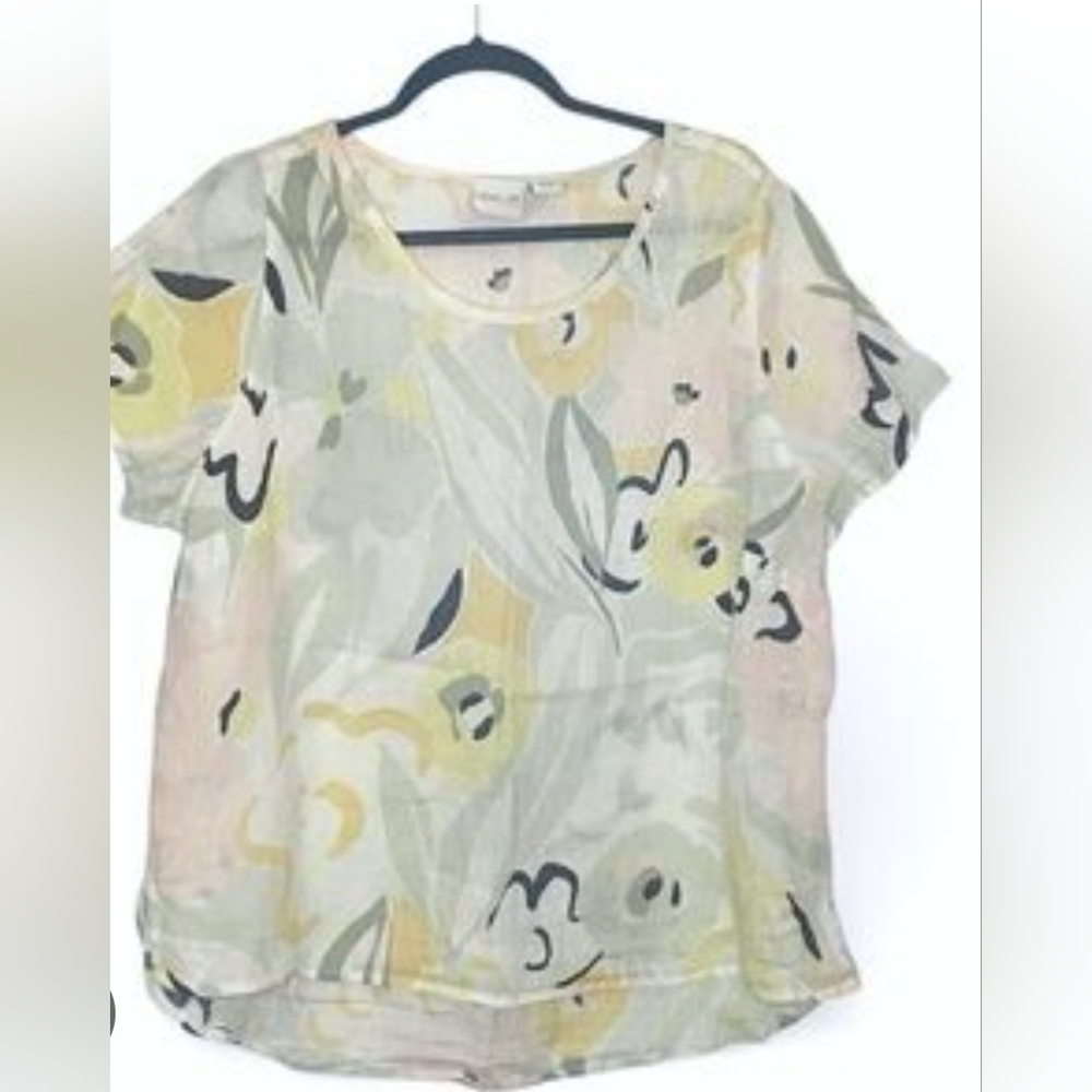 Rachel Zoe White/Yellow Tropical Shortsleeve Linen Top Size 1X/2X
